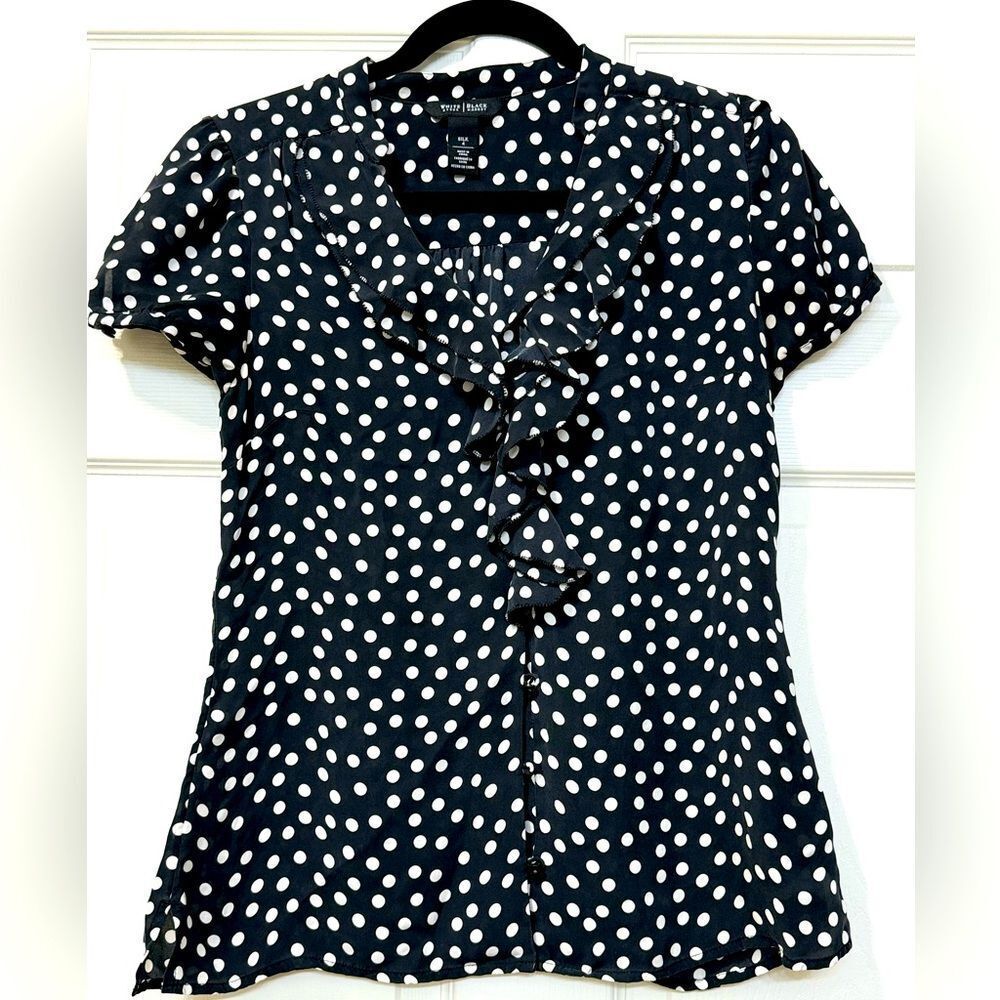 White House Black Market 100% Silk Black White Polka Dot Button Down Shirt Sz 4